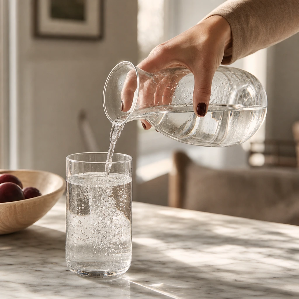 Main versant un verre d'eau plate au matin, geste d'hydratation quotidienne