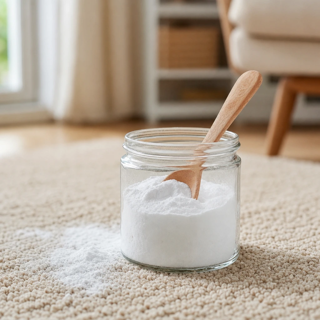 Bocal de bicarbonate de soude avec cuillère en bois, prêt à désodoriser un tapis.