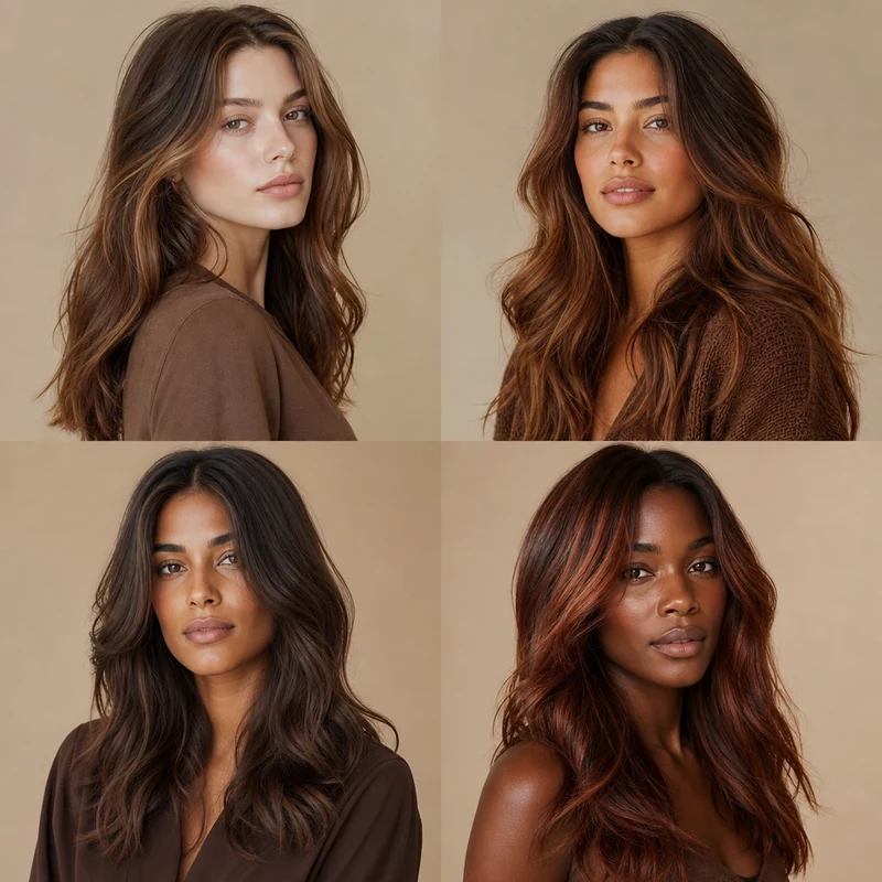 Quatre variantes du balayage chocolat : noisette, caramel, moka et cuivré sur quatre carnations