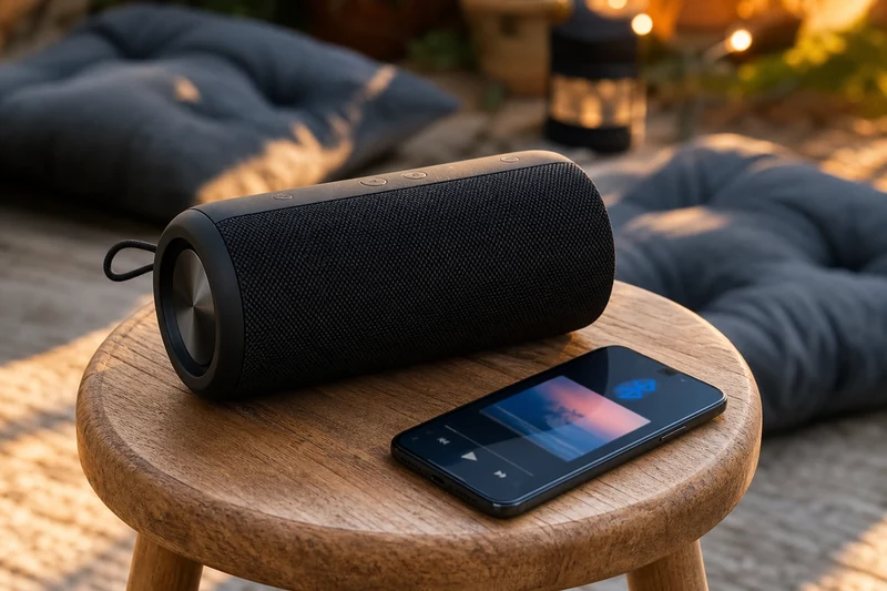 Enceinte Bluetooth portable surélevée sur un tabouret pour sonoriser un jardin