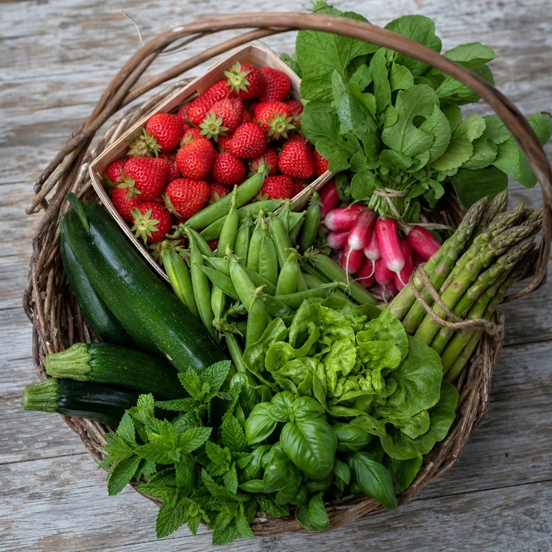 Panier de produits français de saison en juin : fraises, petits pois, courgettes, radis et herbes aromatiques