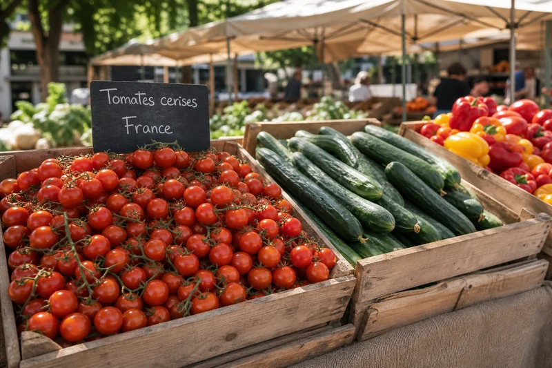 Cagettes de tomates cerises françaises et de concombres sur un étal de marché de plein air