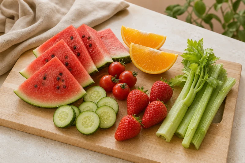 Planche d'aliments riches en eau : pastèque, concombre, tomates cerises, orange, fraises, céleri