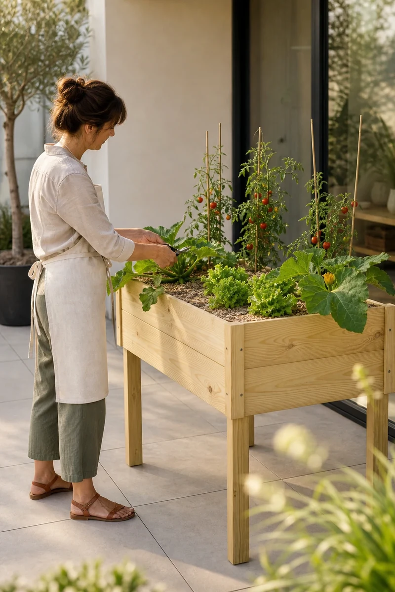 Bac potager surélevé en bois à hauteur de hanche planté de tomates cerises et courgettes sur une terrasse