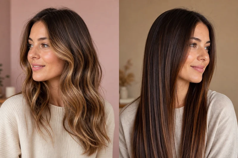 Comparaison visuelle balayage miel sur châtain clair et balayage caramel sur brune chocolat