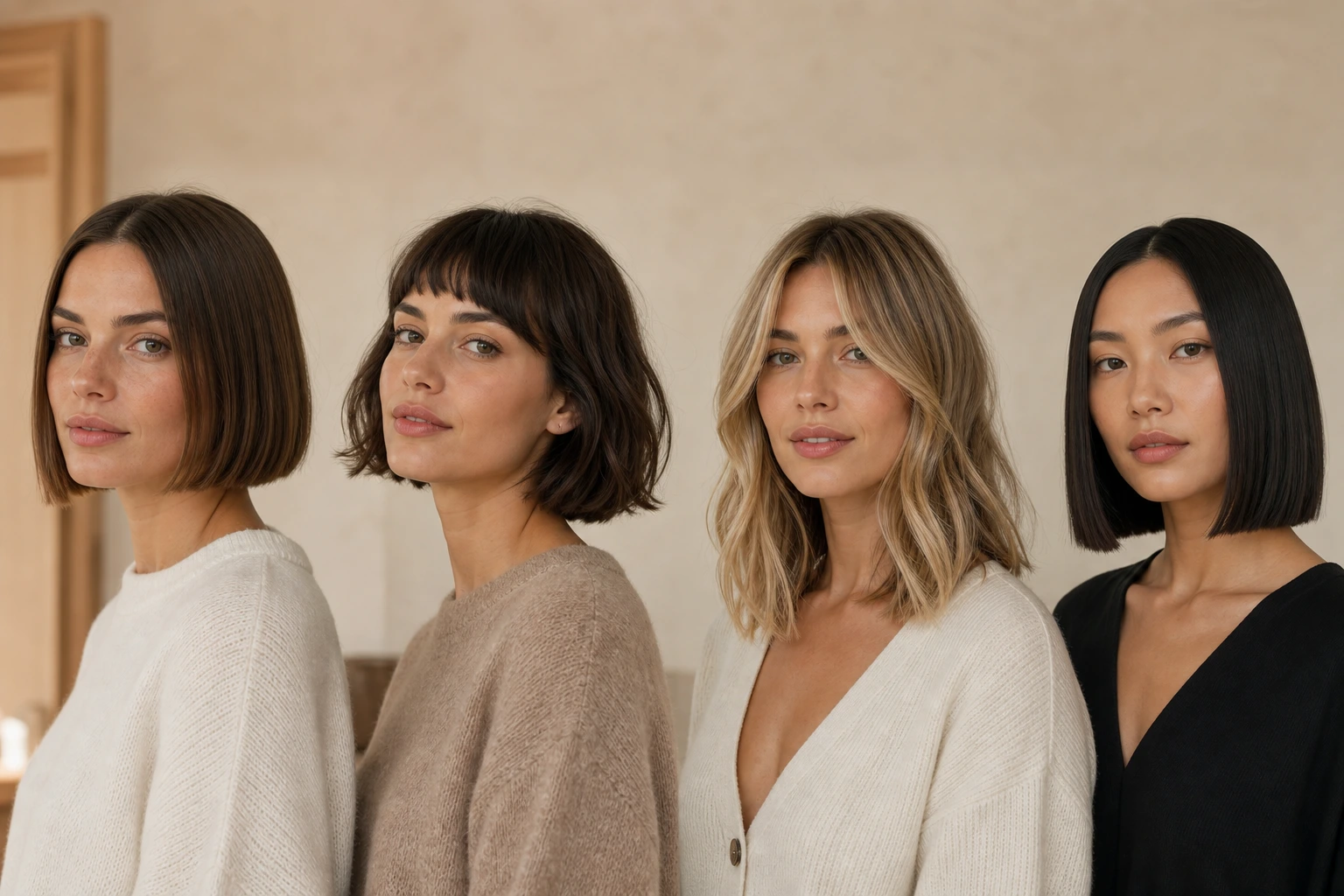 Quatre variantes du carré français côte à côte : bold bob, French bob, lob, carré japonais