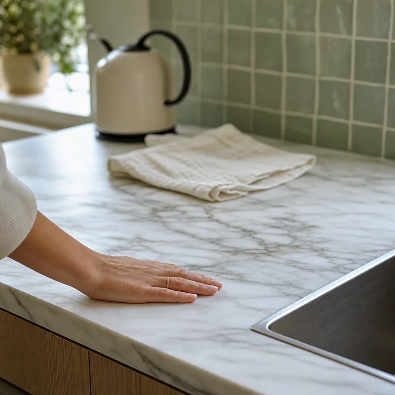 Matières fraîches au toucher dans une cuisine : marbre clair, faïence vert pâle, inox