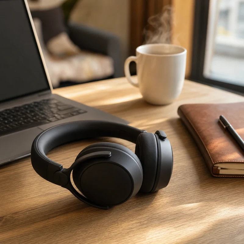 Casque audio premium pour la Fête des Pères posé sur un bureau de télétravail