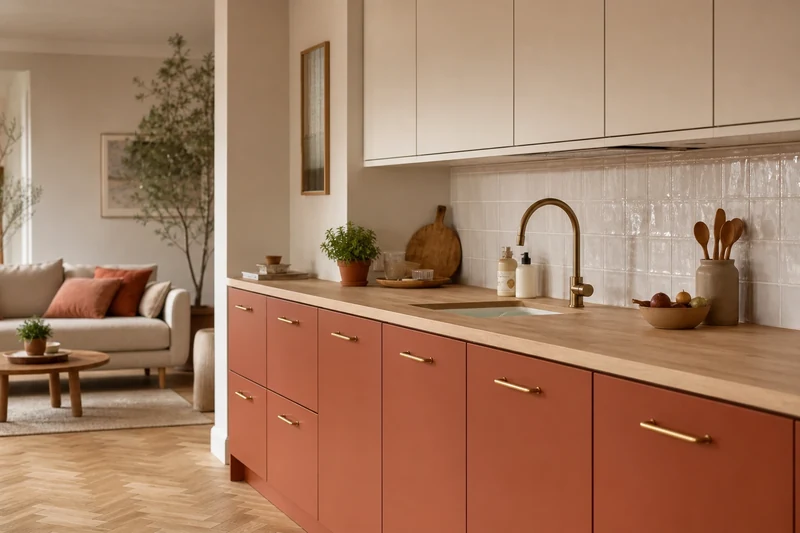 Cuisine ouverte bicolore terracotta et blanc cassé avec rappels de couleur côté salon