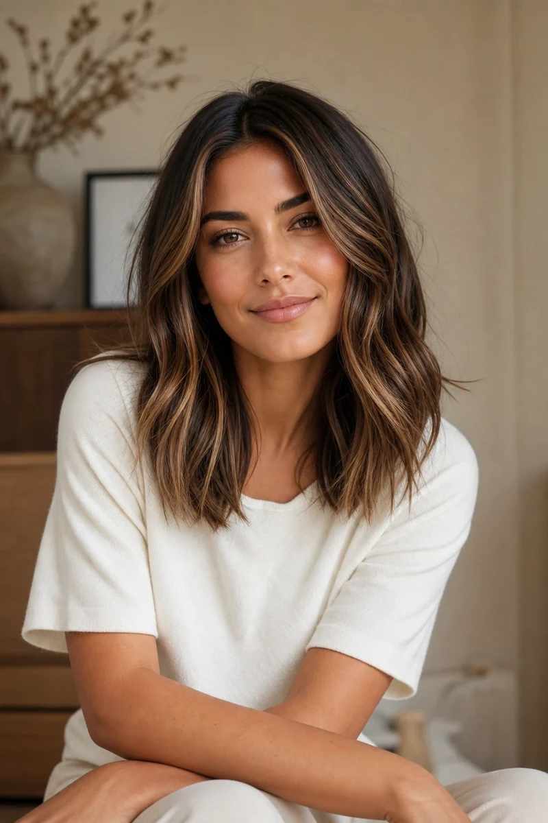 Femme avec coloration Mocha Hair brun chaud et reflets caramel