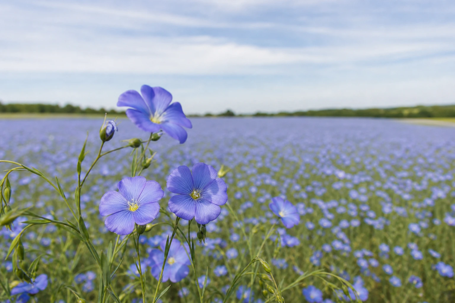 Champ de lin en fleurs bleues en Normandie sous un ciel doux d'été