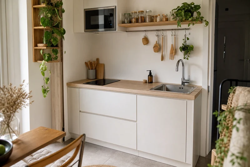 Petite cuisine équipée linéaire blanche de 4 m² avec plaque induction domino et étagère bois ouverte