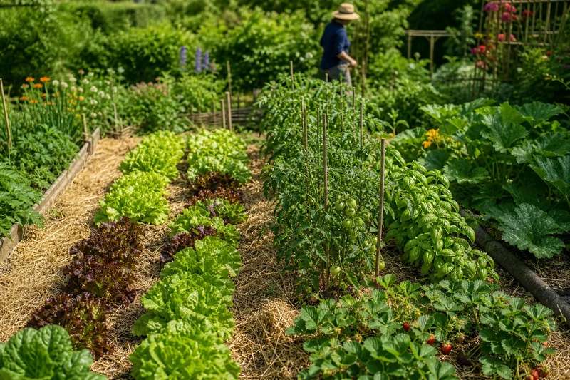 Carré potager français en juin avec salades, tomates, basilic et fraisiers