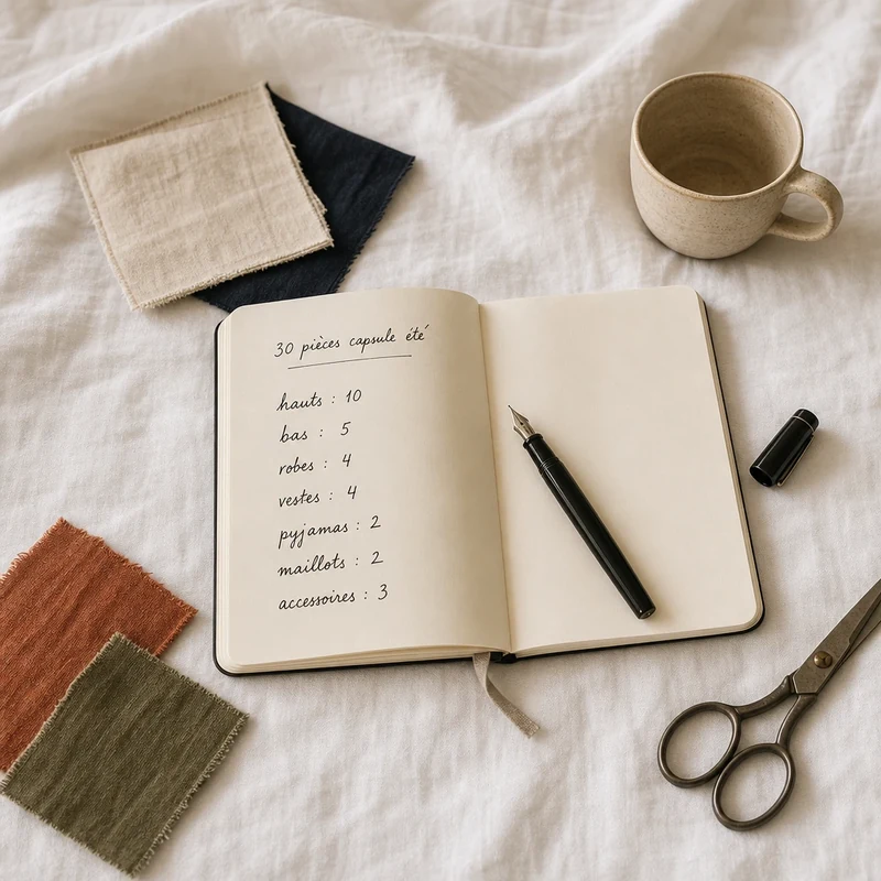 Carnet manuscrit listant les 30 pièces d'une garde-robe capsule été