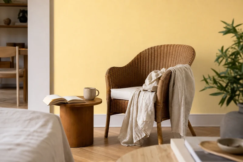 Mur peint en jaune beurre associé à un fauteuil en rotin et bois clair dans un salon contemporain