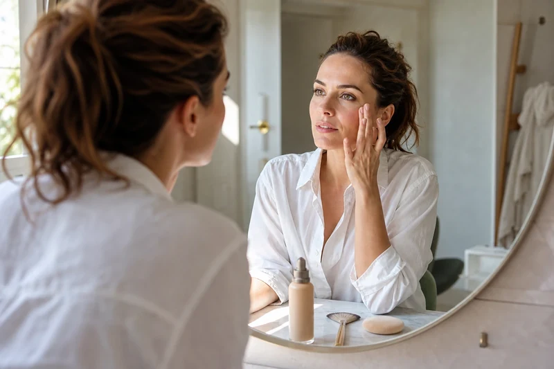 Femme appliquant une CC crème pour un teint velouté flouté tendance été 2026