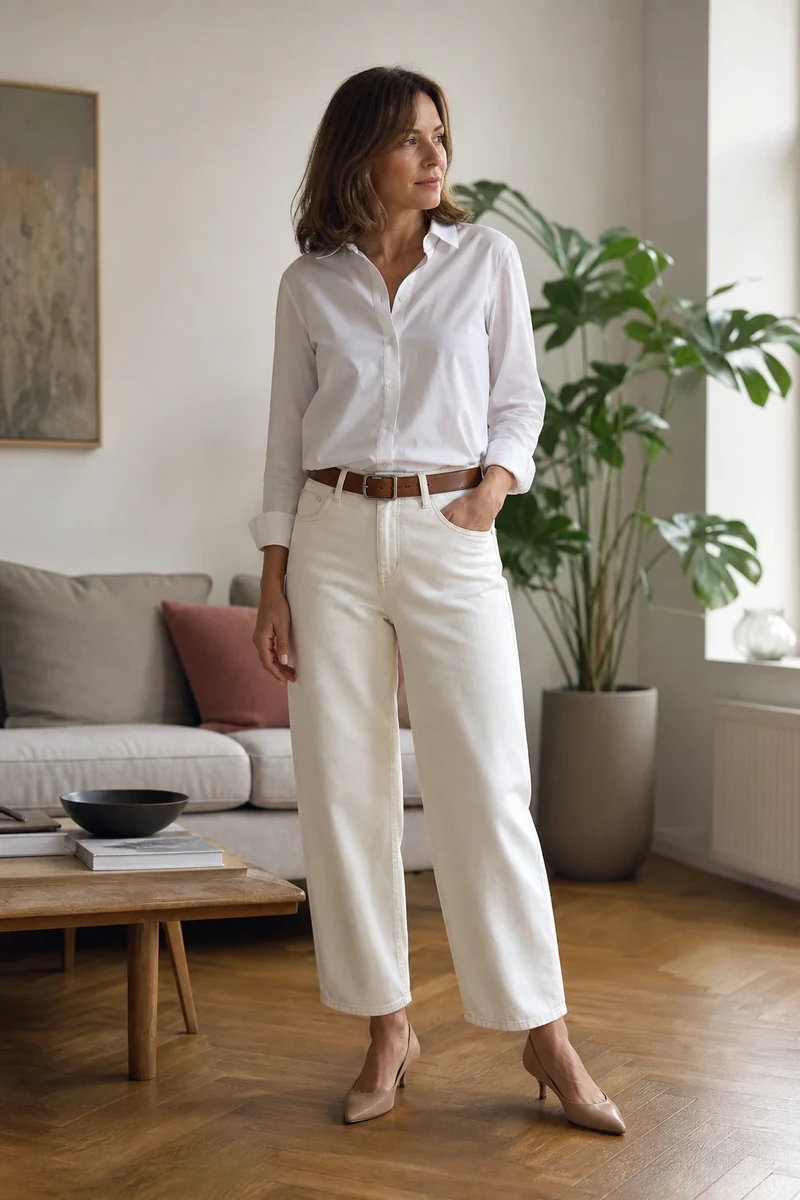 Le jean barrel en version claire sur silhouette en H