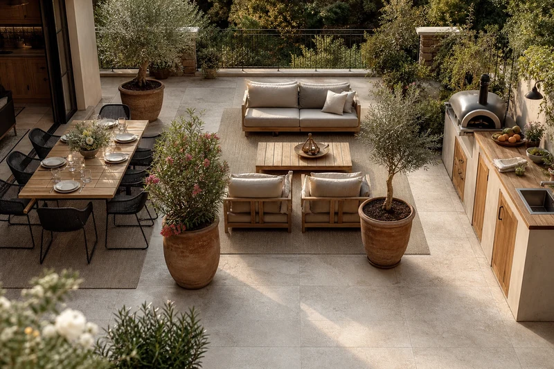 Terrasse zonée avec coin repas, coin détente et coin cuisine séparés visuellement par tapis et jardinières