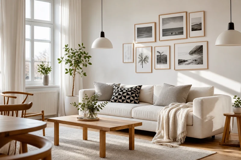 Salon scandinave classique en bois clair et palette neutre