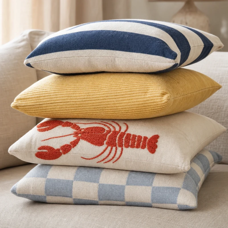 Pile de coussins Preppy Riviera : rayures larges, uni jaune beurre, broderie homard et damier bleu pâle