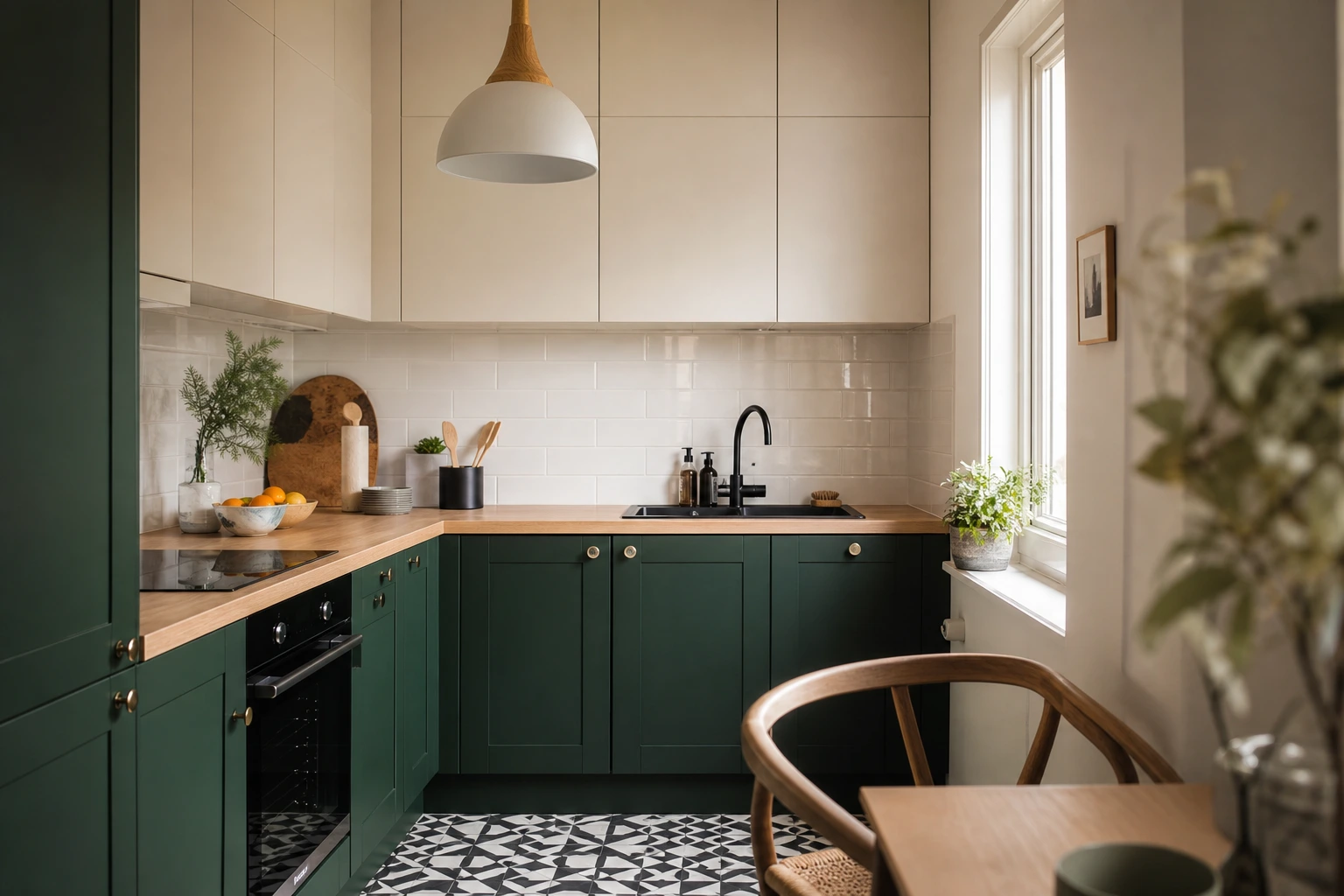 Petite cuisine bicolore vert forêt en bas et blanc cassé en haut