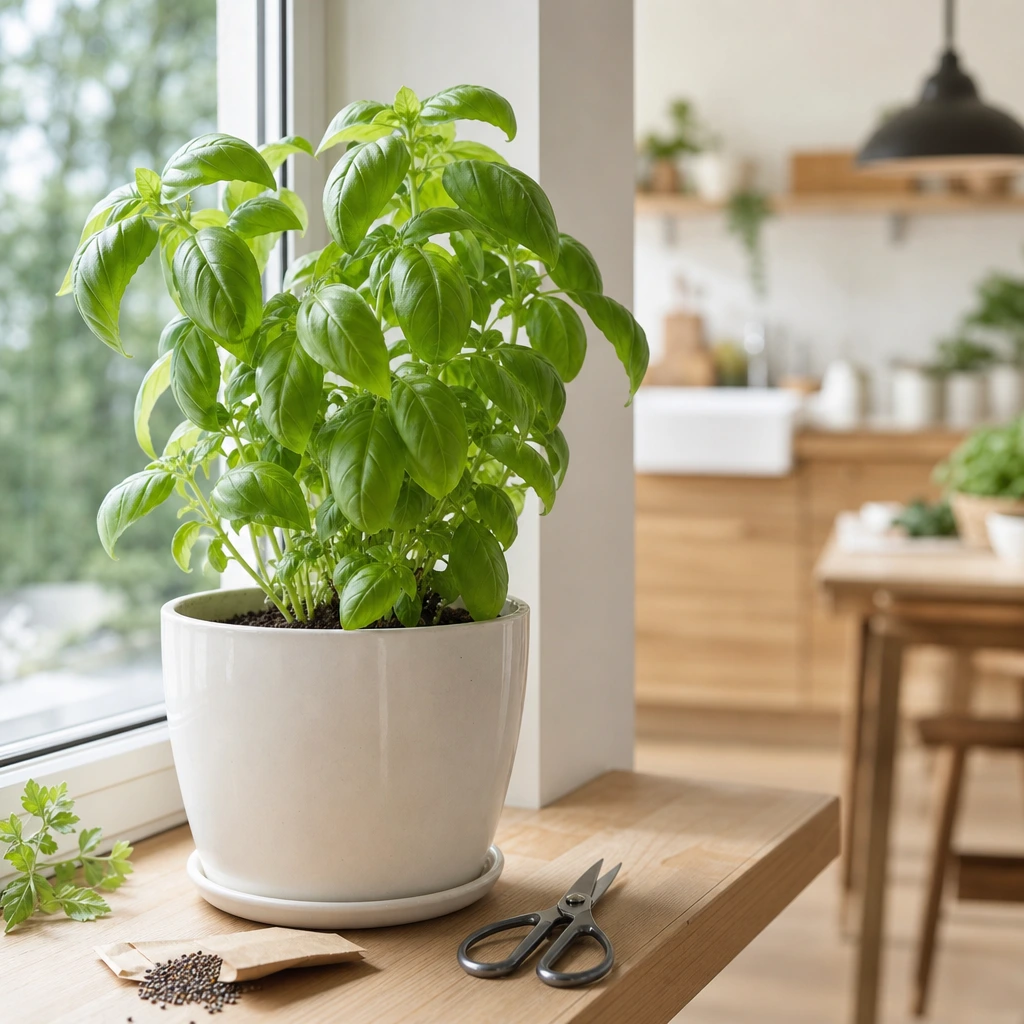 Plant de basilic vigoureux rempoté dans un pot en céramique blanche