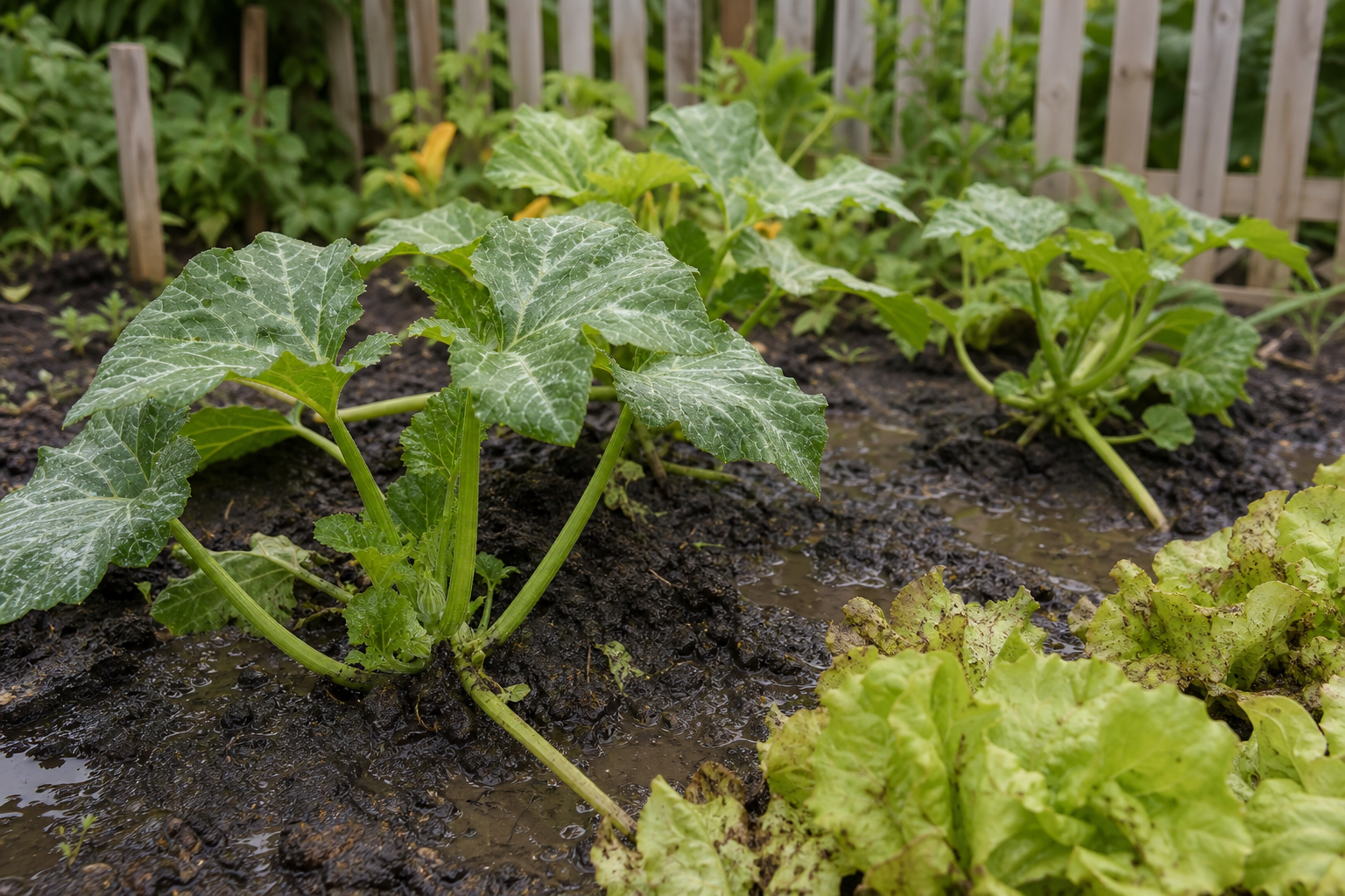Courgettes et salades fragilisées par un sol détrempé après plusieurs jours de pluie