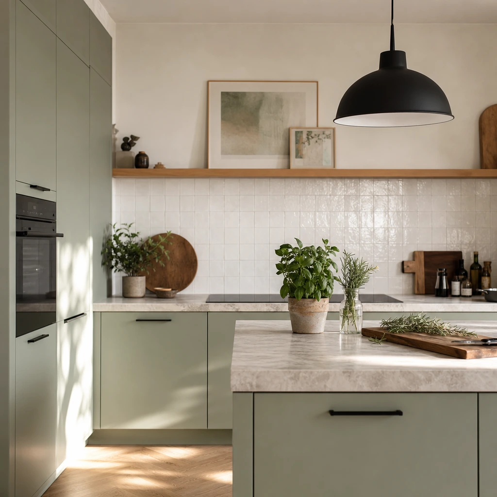 Cuisine vert sauge réinterprétée en 2026 avec poignées noires et pierre claire au lieu de laiton