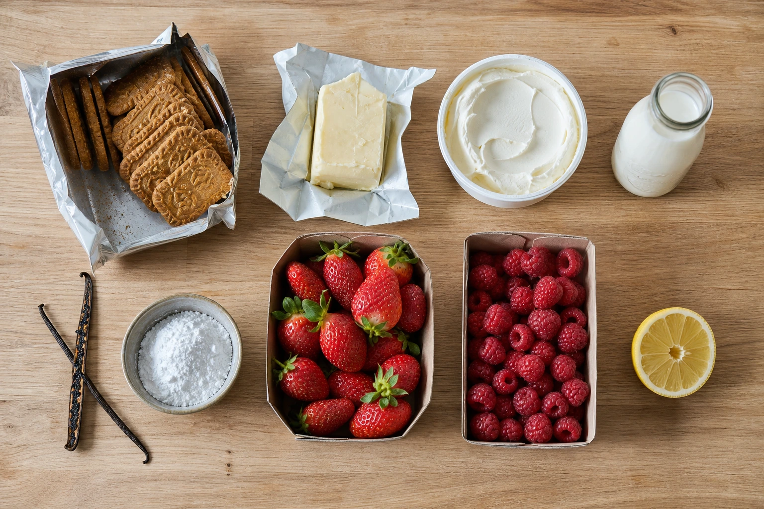 Ingrédients de la tarte fraises framboises sans cuisson disposés sur plan de travail en bois clair