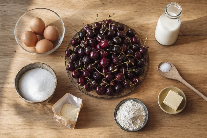 Ingrédients du clafoutis aux cerises disposés à plat sur une table en bois