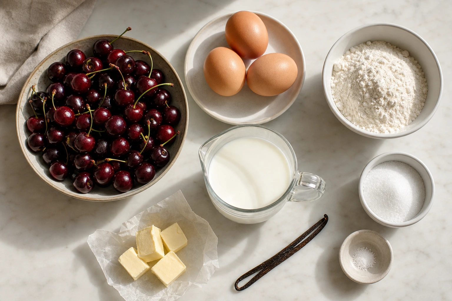 Ingrédients du clafoutis aux cerises disposés sur un plan de travail en marbre