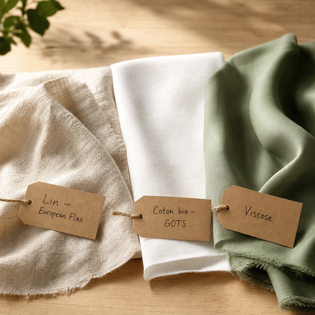 Trois matières clés de la capsule : lin European Flax, coton bio GOTS et viscose vert sauge