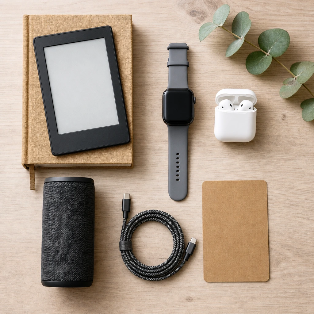 Sélection de cadeaux high-tech pour la fête des pères vue de dessus sur fond bois