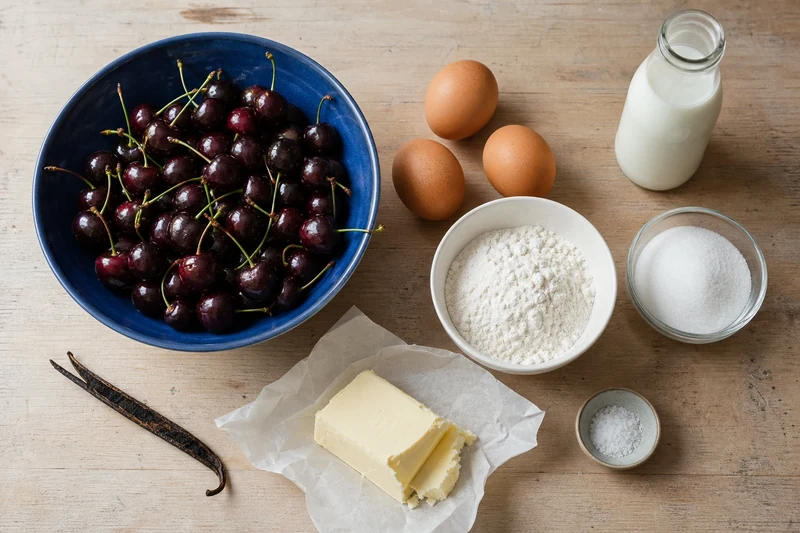 Ingrédients du clafoutis aux cerises disposés sur une planche en bois