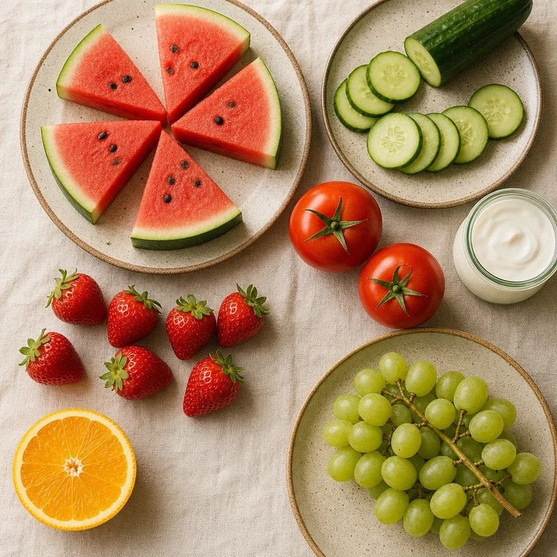 Pastèque, concombre, tomates, fraises, orange, yaourt et raisin disposés sur du lin écru