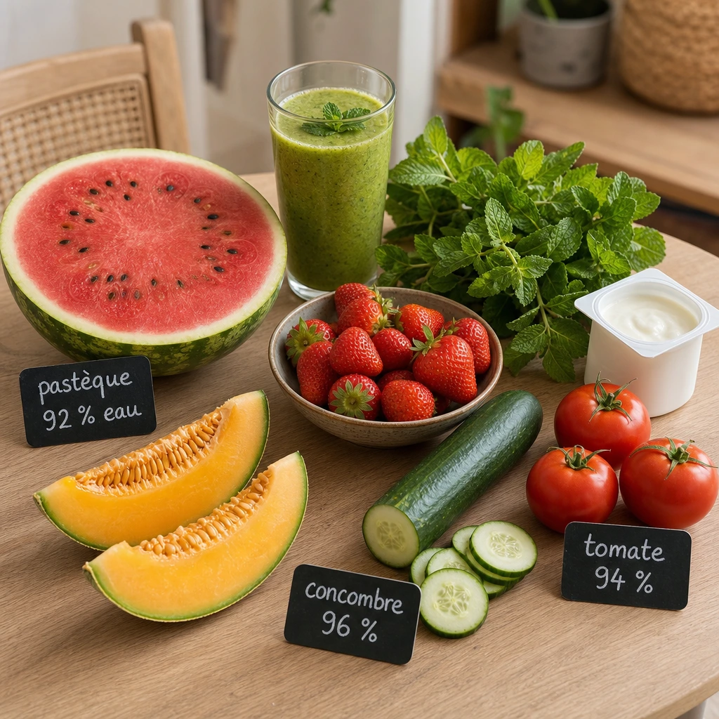 Aliments riches en eau pour s'hydrater en été : pastèque, melon, concombre, tomate, yaourt, fraises, menthe