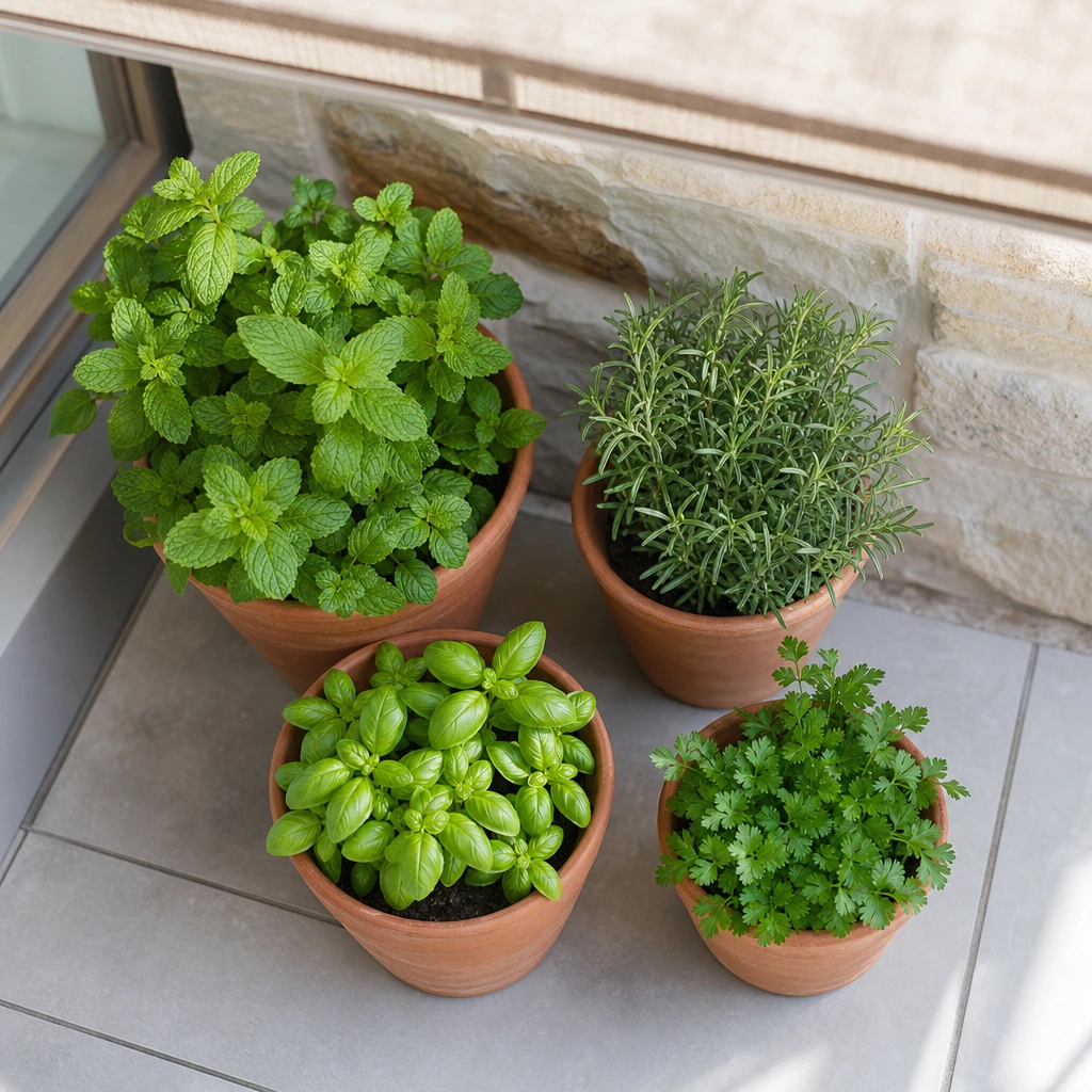 Pots d'aromatiques regroupés à l'ombre contre un mur clair pendant un pic de chaleur