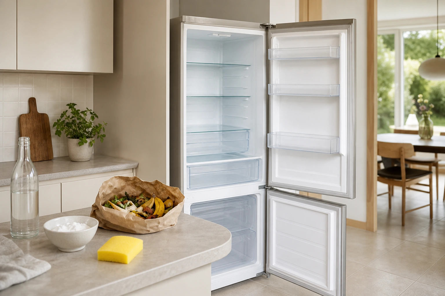 Frigo vidé et nettoyé avec bicarbonate et vinaigre blanc sur le plan de travail
