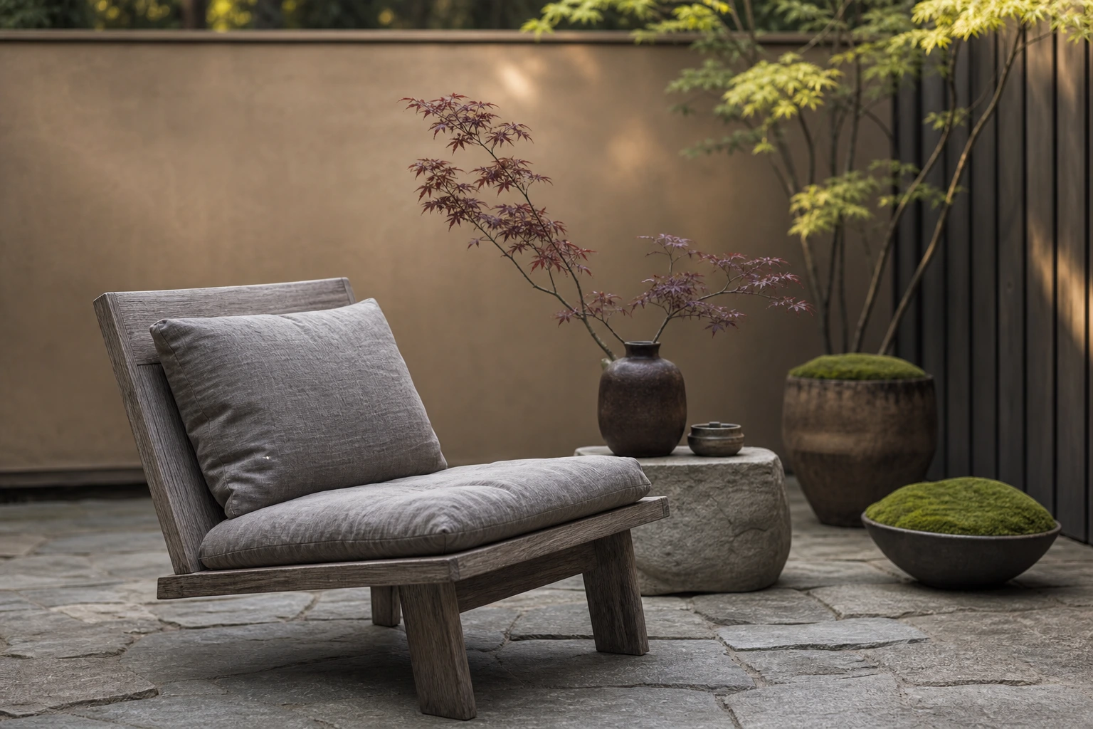 Terrasse wabi-sabi avec fauteuil bois patiné, pierre brute, céramique brune et branches d'érable du Japon