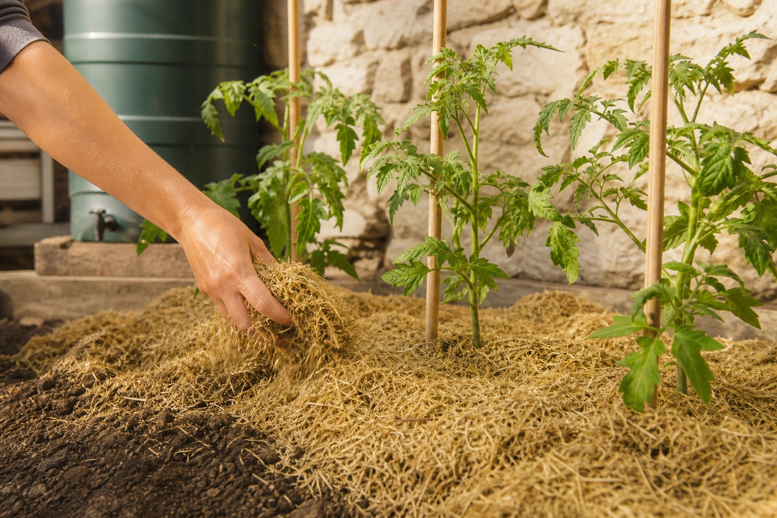 Paillage de tontes de gazon séchées épandu au pied de tomates avec récupérateur d'eau