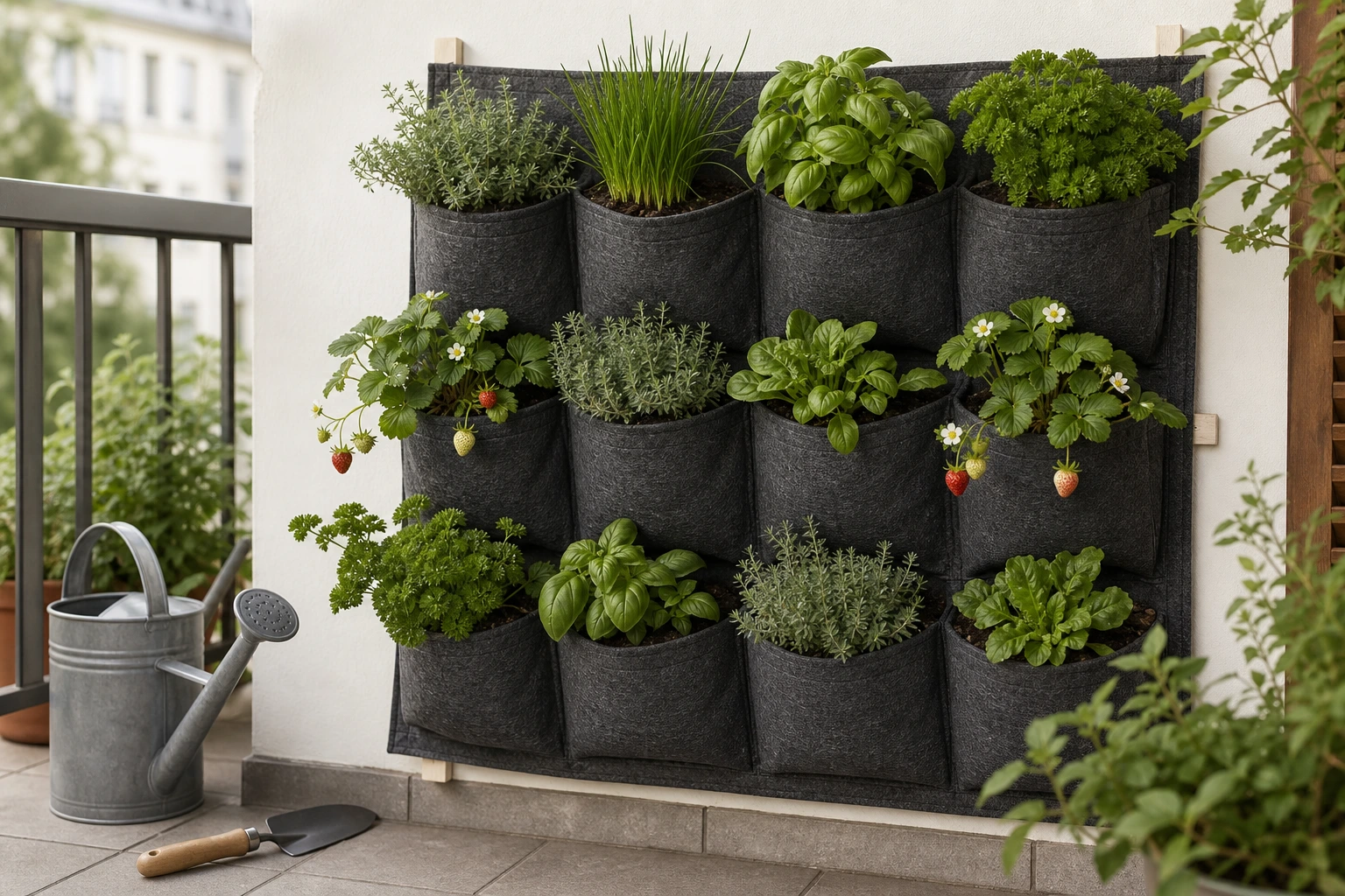 Mur végétal en poches de feutrine sur balcon planté d'aromatiques et fraisiers