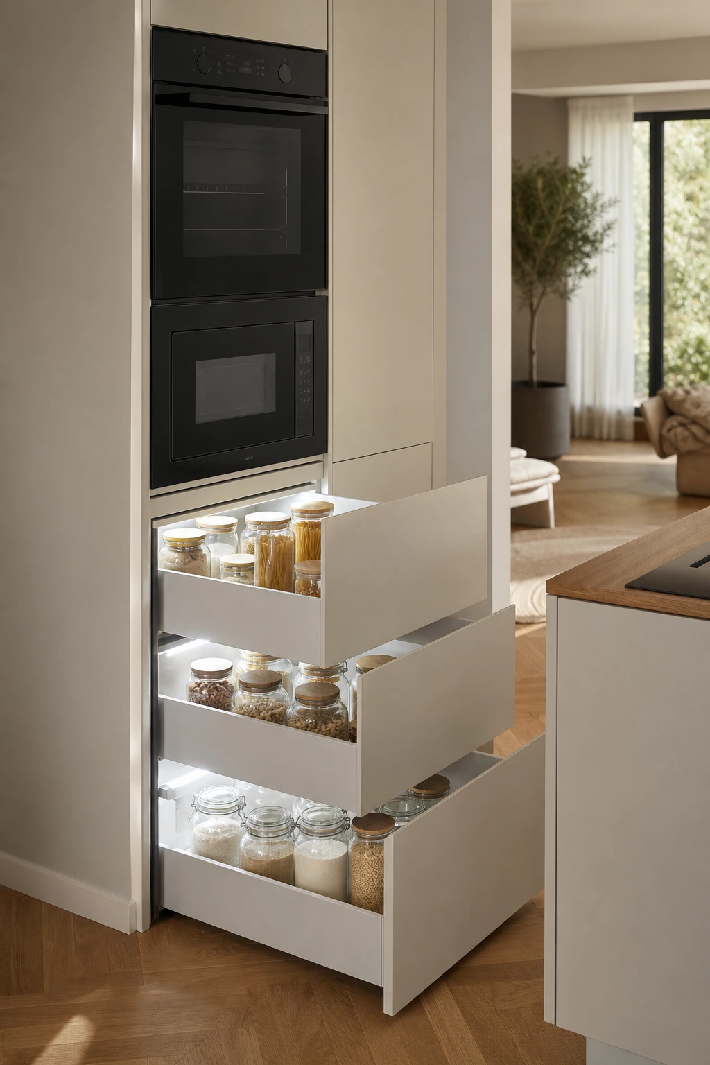 Colonne de cuisine toute hauteur intégrant four, frigo et tiroirs profonds garnis de bocaux