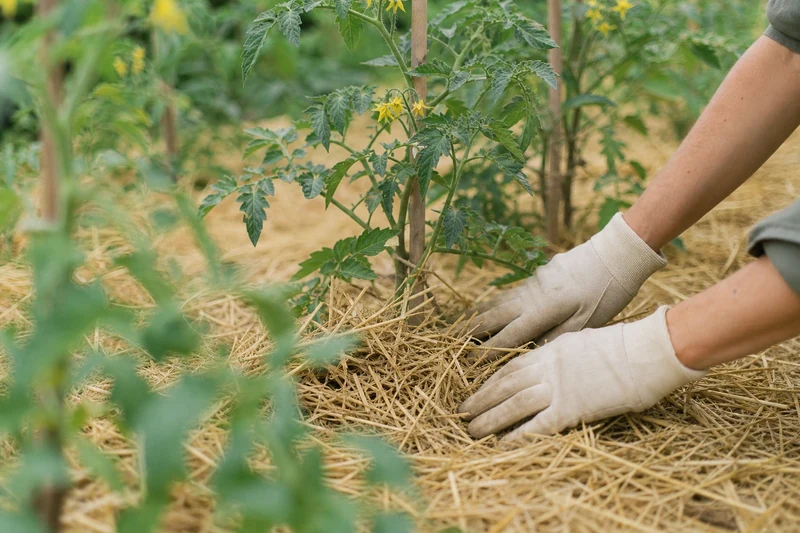 Mains gantées qui étalent un paillage de paille blonde au pied de pieds de tomates