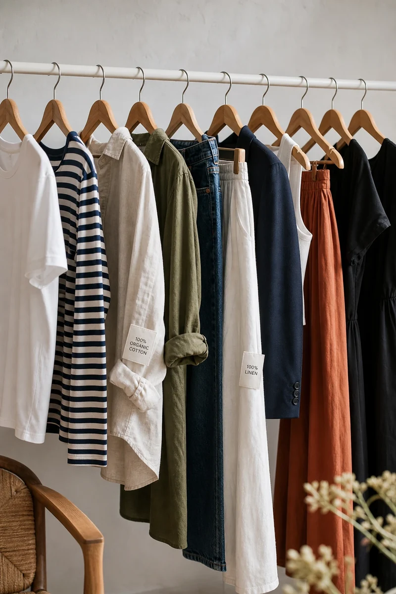 Dix basiques intemporels d'une capsule estivale alignés sur cintres bois : t-shirt blanc, marinière, chemise lin, jean droit