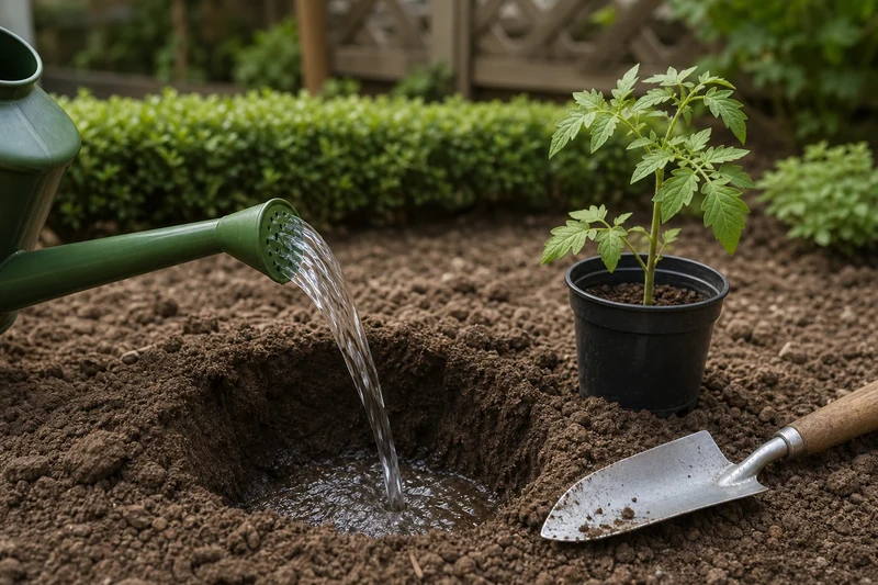Trou de plantation pré-arrosé avant la mise en terre d'un plant de tomate au potager de juin