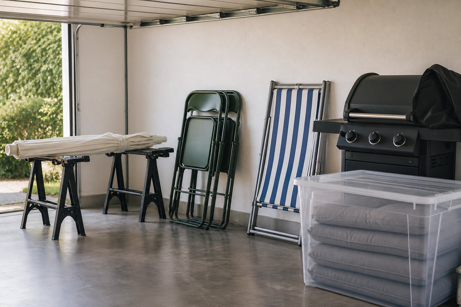 Garage rangé avec parasol, chaises pliantes et coussins de jardin mis à l'abri avant la tempête