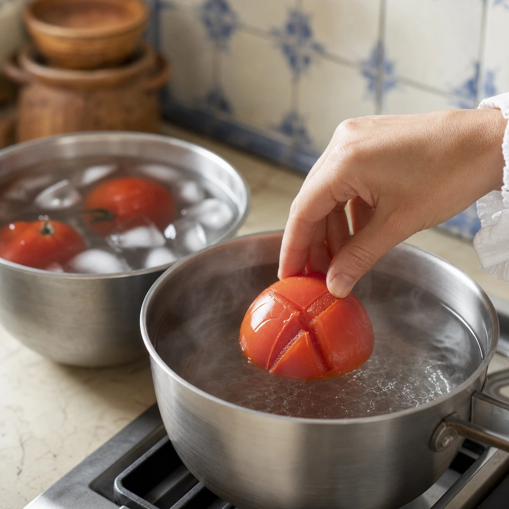 Tomate plongée dans l'eau bouillante pour être émondée avant le gaspacho