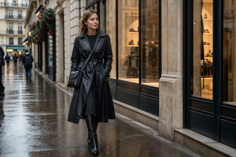 Imperméable noir long, robe fluide à pois et bottes hautes en cuir