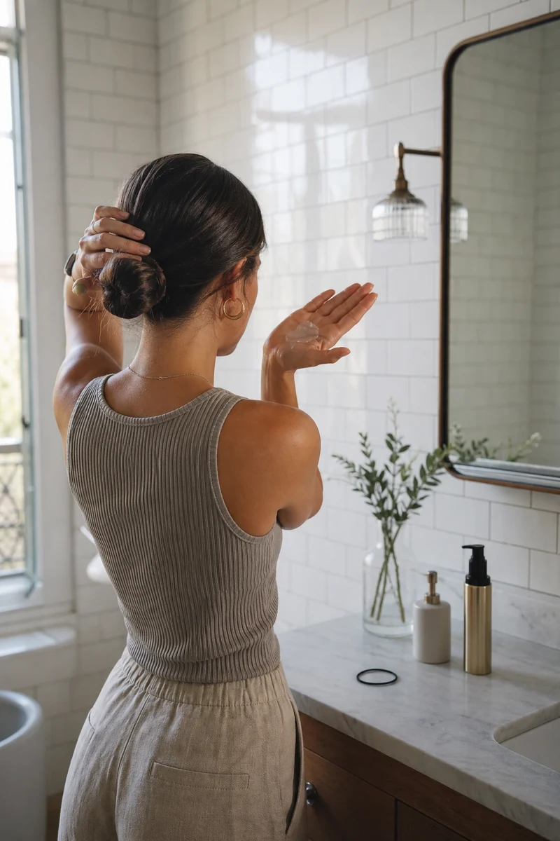 Préparation d'un chignon bas lissé anti-humidité avec pommade et laque