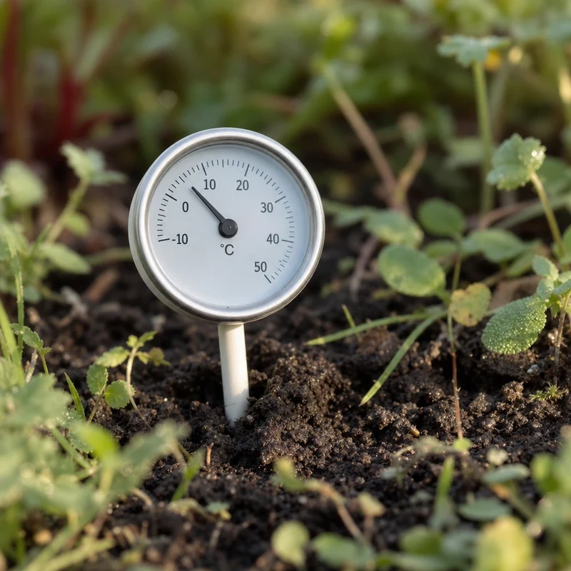 Thermomètre de sol enfoncé à 5 cm affichant 14 degrés dans un potager
